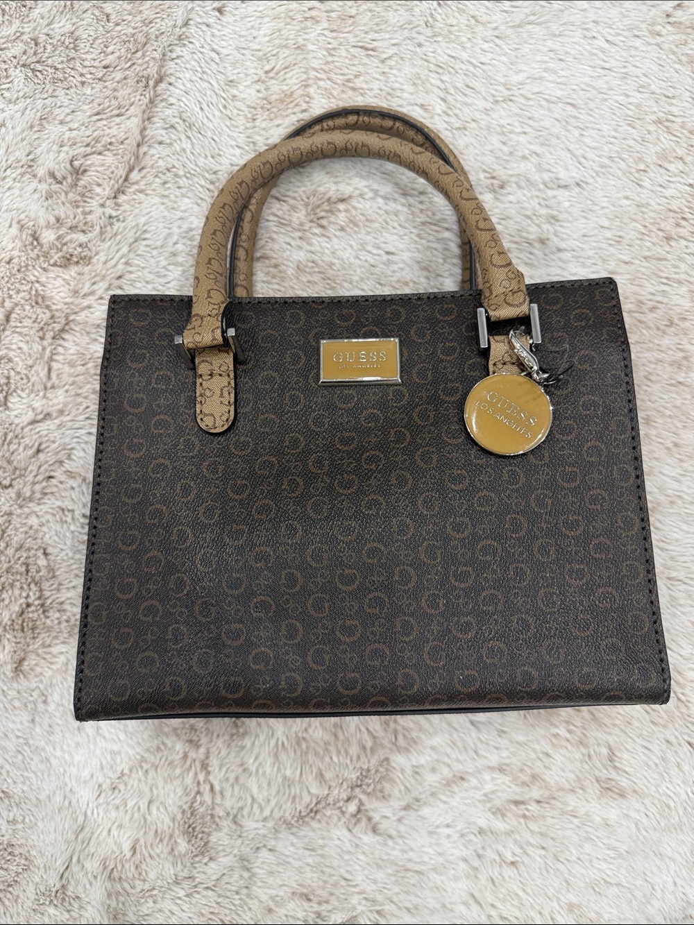GUESS Brown and Tan Logo Pattern Bag